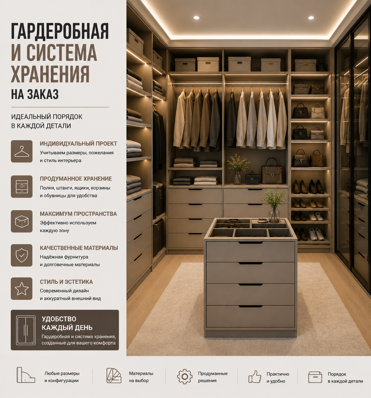 Гардеробные и системы хранения на заказ по индивидуальным размерам