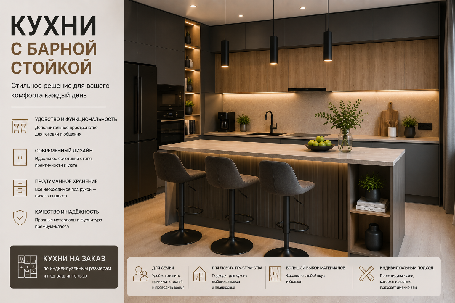 Современная кухня с барной стойкой на заказ