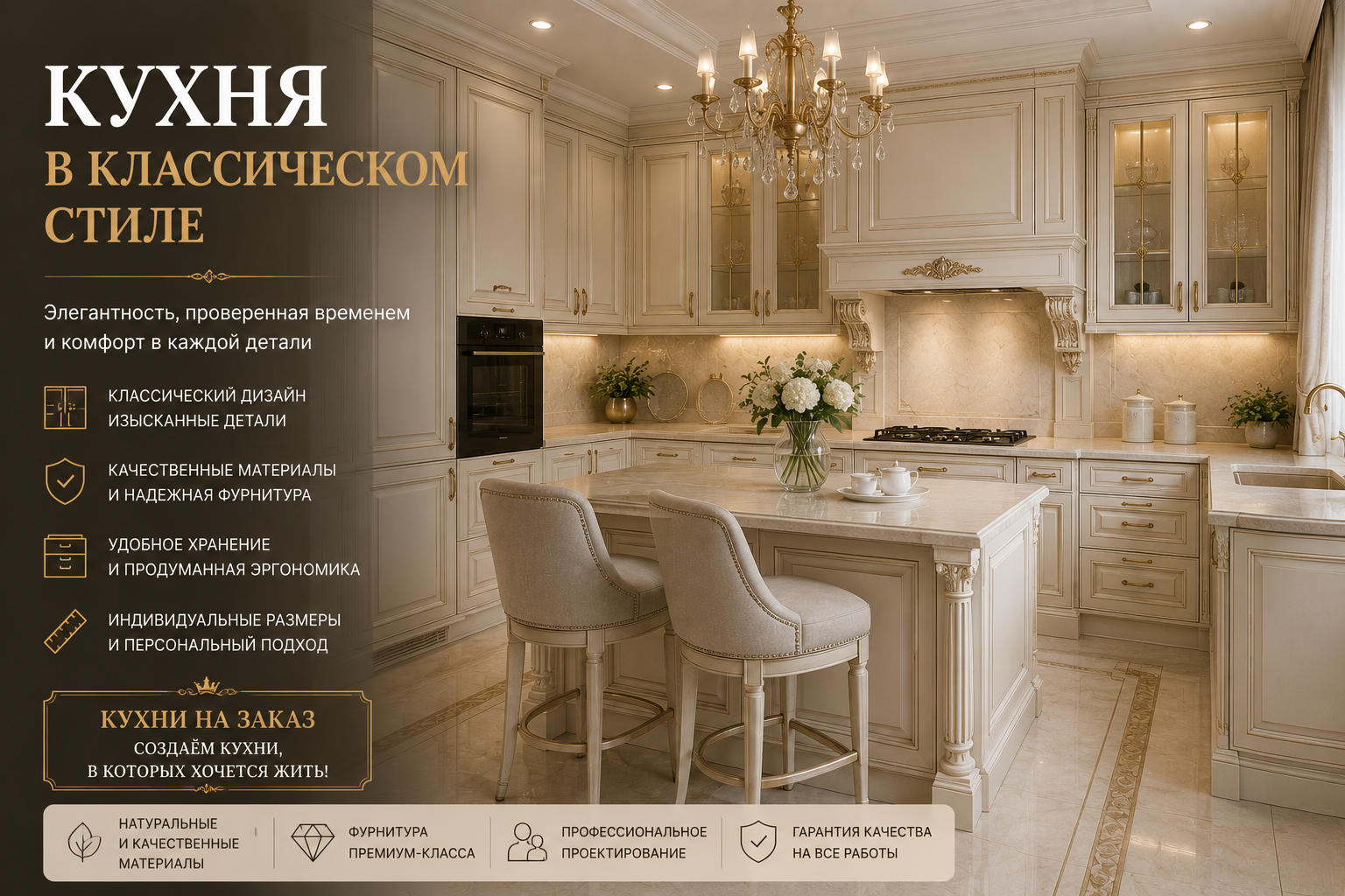 Классическая кухня на заказ по индивидуальным размерам
