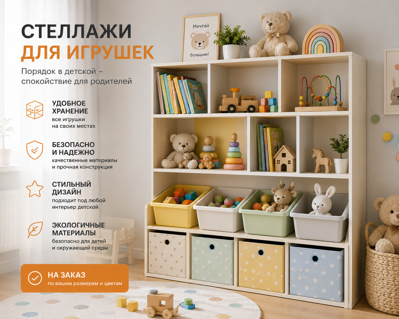 Современный стеллаж для игрушек в детскую